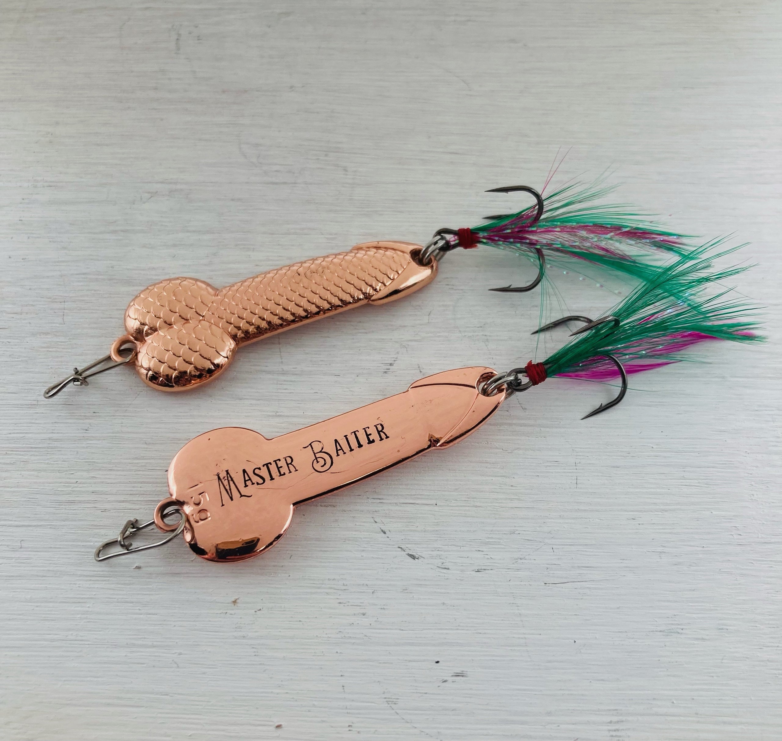 Master Baiter Penis Fishhook  Dragonfly and Wolf Hand Stamped Designs